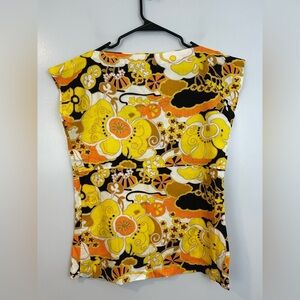 Vintage Yellow Floral Retro Sixties Square Shape Top/Blouse Size Large